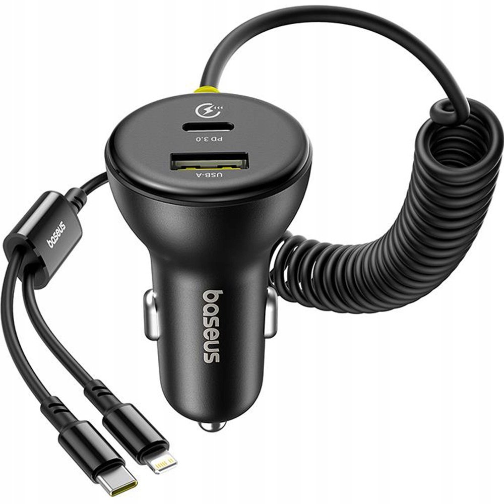 Baseus Ładowarka samochodowa Circular 1x USB-A, 1x USB-C PD 3.0, 60W + kabel Lightning, USB-C, czarna