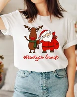 Bluzki damskie - świąteczna koszulka w reniferem i mikołajem wesołych świąt - miniaturka - grafika 1