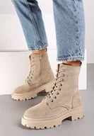 Botki damskie - Ciemnobeżowe Płaskie Botki w Stylu Workerów z Cyrkoniami i Ozdobnym Sznurowaniem Lerionas - miniaturka - grafika 1