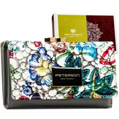 Portfele - PETERSON Średniej wielkości portmonetka damska na zatrzask i bigiel lakierowana skóra naturalna szary z kolorowym kwiatowym motywem rozbudowany port.. - miniaturka - grafika 1