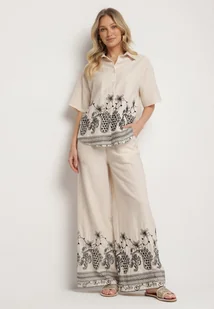 Beżowy Komplet z Wiskozy Koszula i Szerokie Spodnie w Kwiatowy Wzór Meveria - Komplety damskie - miniaturka - grafika 1