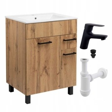 Szafka do Łazienki z Umywalką Stojąca 60x47cm Dąb Wotan +Bateria Czarna Sig