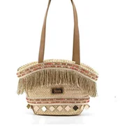 Torebki damskie - Koszyk ręcznie pleciony z rafii Simosastre beżowy średniej wielkości z frędzlami i ozdobami - miniaturka - grafika 1