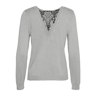 Vero Moda Damska bluzka Vmglory Ls V-Back Lace Bluzka Ga Boo Sweter, Jasnoszary melanż/szczegóły: czarna koronka, M - Bluzki damskie - miniaturka - grafika 1