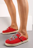 Klapki i japonki damskie - Czerwone Klapki na Plecionej Podeszwie z Kryształkami i Klamrą Noritak - miniaturka - grafika 1