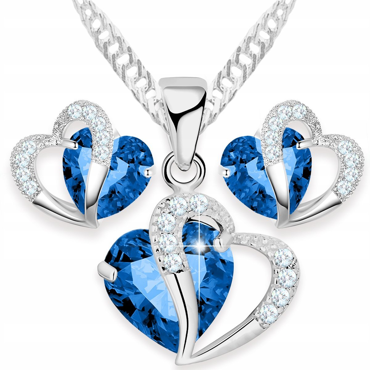Zestaw Srebrny Naszyjnik i Kolczyki Niebieskie Kryształowe Serca SREBRO 925