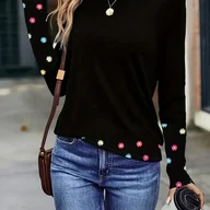 Bluzki damskie - TEMU Elegancka koszulka damska z długim rękawem - czarna z kolorowym nadrukiem, regularny krój, wykonana z elastycznej tkaniny, prać tylko ręcznie, - miniaturka - grafika 1