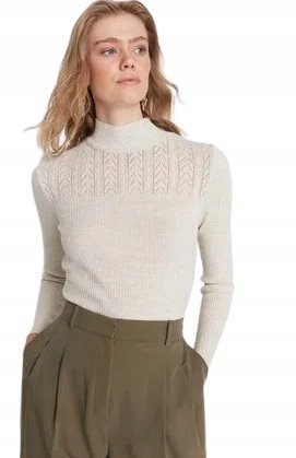 TRENDYOL BEŻOWY SWETER Z GOLFEM I AŻUROWYM WZOREM 38 5AA