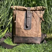 Plecaki - Brązowy plecak z bawełny woskowanej i skóry. - miniaturka - grafika 1