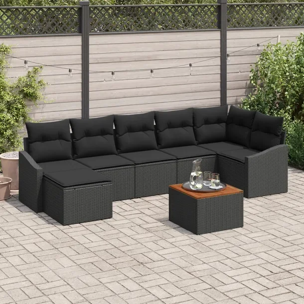 Zestaw ogrodowy 8-elementowy, sofa narożna, czarny, polirattan