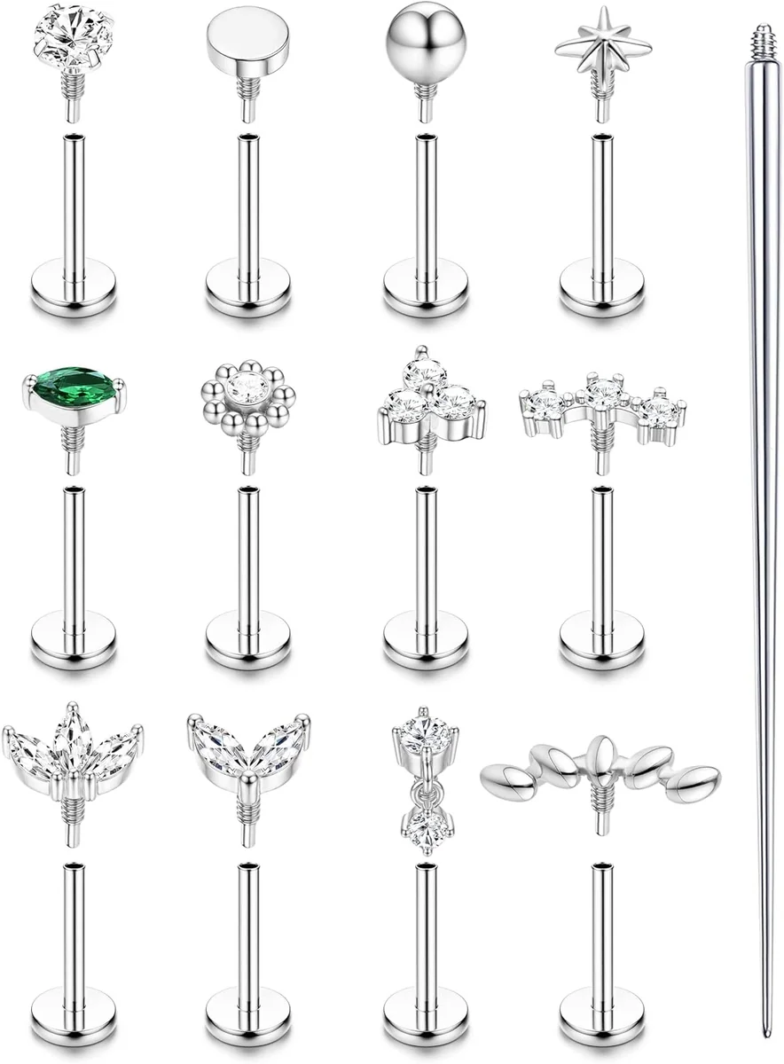 KOLCZYKI 12 SZTUK PIERCING STAL CHIRURGICZNA HIPOLERGENICZNY CYRKONIA UCHO