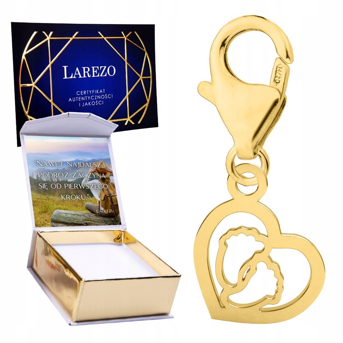 ZŁOTA ZAWIESZKA 925 Wisząca Małe Serce Serduszko ze Stópkami Dziecka NADRUK