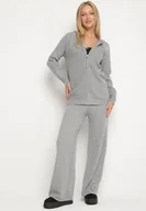 Komplety damskie - Ciemnoszary Komplet Dzianinowy z Wełną Bluza z Kapturem i Szerokie Spodnie Otisela - miniaturka - grafika 1