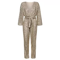 Kombinezony - Swing Fashion Elegancki kombinezon damski, odświętny kombinezon, na imprezę, błyszczący kombinezon, strój kąpielowy, kombinezon z cekinami, dekolt w serek, długi rękaw, złoty, rozmiar 36 (rozmiar S) - miniaturka - grafika 1