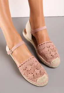 Sandały damskie - Różowe Koronkowe Sandały w Stylu Espadryli na Plecionej Podeszwie ze Sprzączką Vellei - grafika 1