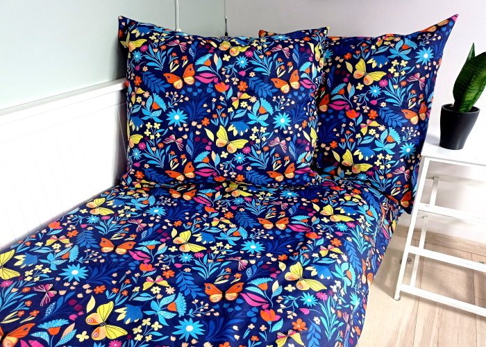 Komplet pościeli bawełnianej dla dziecka 100x160 cm - Motylki granat
