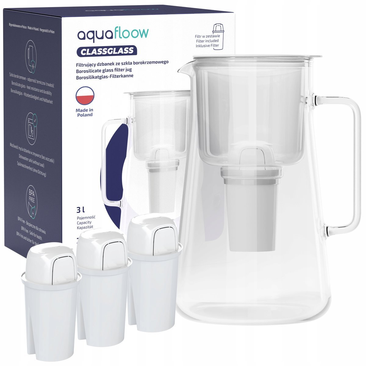 Szklany dzbanek filtrujący AquaFloow ClassGlass 3l + 4x filtr wody Class