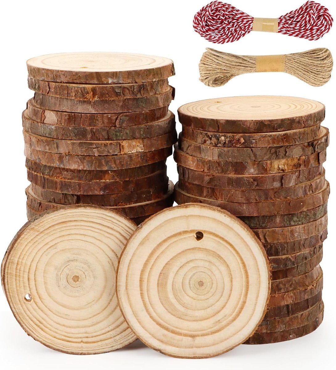 40 sztuk drewnianych krążków z otworem 7-8 cm, naturalne krążki drewniane do majsterkowania, grubość 5 mm, małe niedokończone z dwoma bawełnianymi s..