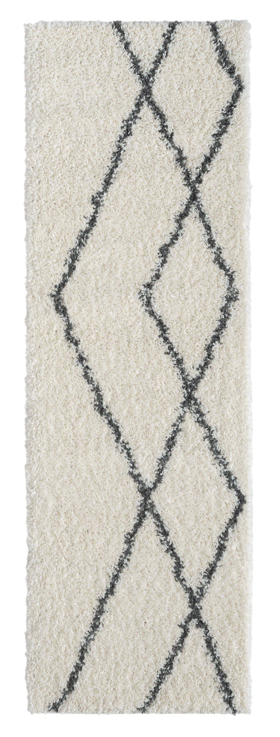 Dywan MY-RUG, dywan z wysokim włosiem Shaggy Luxe, 250x80, skandynawski wzór w romby, biało-szary, wyjątkowo puszysty, bieżnik