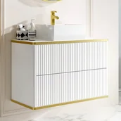 Szafki łazienkowe - Szafka łazienkowa wisząca ryflowana ze złotą listwą z umywalką nablatową - Biały - 80 cm - KELIZA - miniaturka - grafika 1