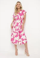 Sukienki - Różowo-Biała Koszulowa Sukienka w Kolorowe Łaty z Paskiem w Talii o Rozkloszowanym Kroju Folefia - miniaturka - grafika 1