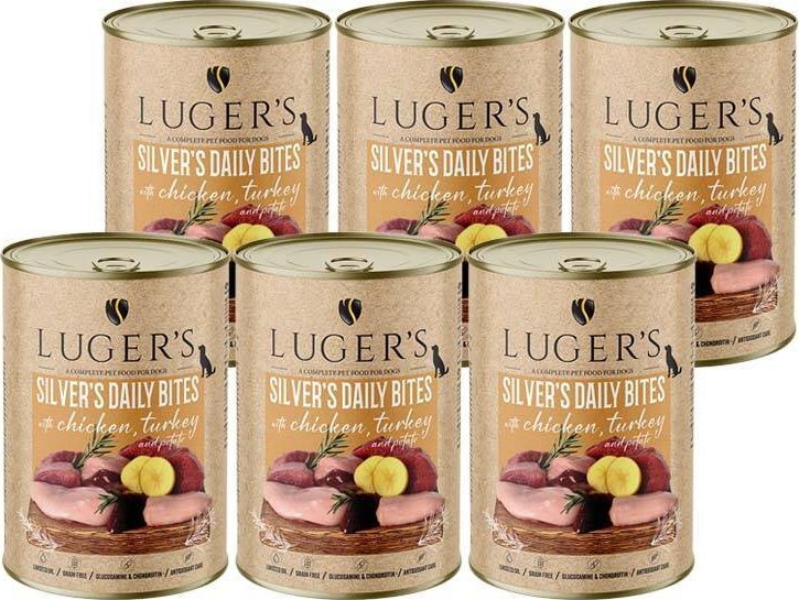 Karma mokra dla psa Luger's Silver's Daily Bites z kurczakiem, indykiem i ziemniakiem zestaw 6 x 400 g