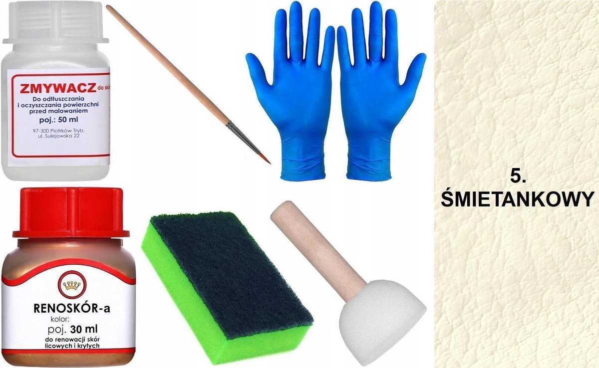 ŚMIETANKOWY 5 Renoskór ZESTAW DO RENOWACJI SKÓRY LICOWEJ Farba Zmywacz MIX