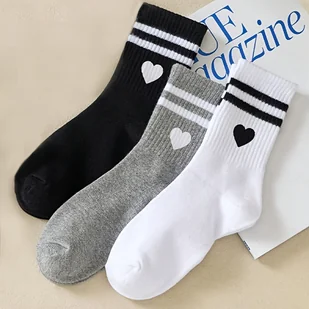 TEMU 6 Par Damskich Skarpetek w Paski Czarno-Białe i Szare do Połowy Łydki z Wzorami Serduszek - Miękkie, Oddychające, Ciepłe, Skarpety w Paski dla - Skarpetki damskie - miniaturka - grafika 1
