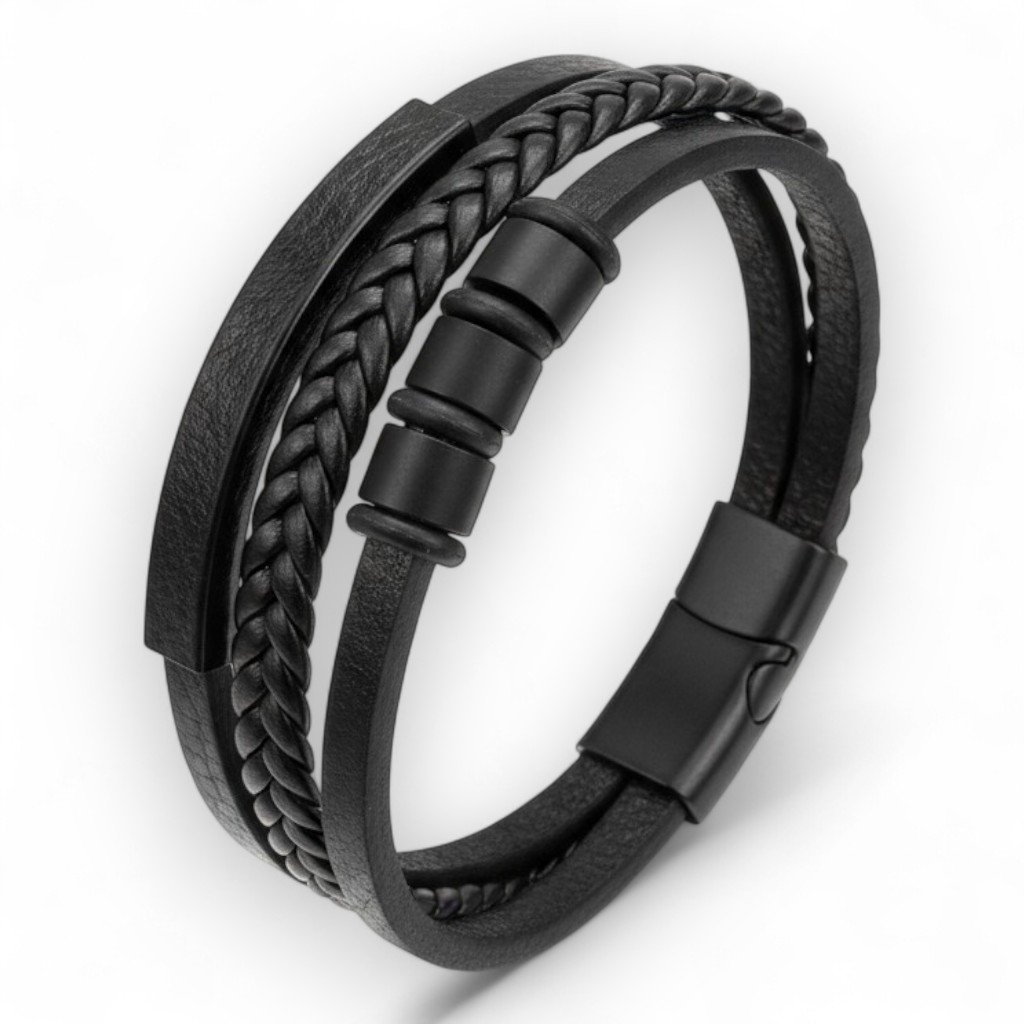 Bransoletka męska skórzana czarna stal 316L magnetyczna 21cm
