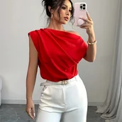 Bluzki damskie - TEMU Elegancka Bluzka Damska w Plisowanym Stylu, Jednokolorowa - miniaturka - grafika 1