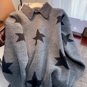 Swetry damskie - TEMU Sweter Damski – Gruby Sweter z Kołnierzem, Kolorowy Blok Ciemnoszary i Czarny, Nieprześwitujący na Jesień/Zimę, Casualowa Bluzka do Codziennych - miniaturka - grafika 1