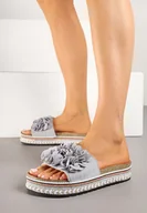 Klapki i japonki damskie - Szare Klapki na Grubej Plecionej Podeszwie z Kwiatami 3D Redeleira - miniaturka - grafika 1