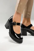 Półbuty damskie - Czarne półbuty skórzane damskie lakierowane na szerokim klocku platforma PRODUKT POLSKI Casu 20166 - miniaturka - grafika 1