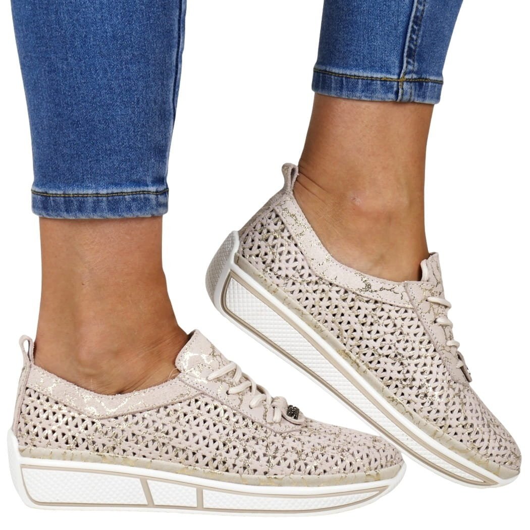 DAMSKIE PÓŁBUTY SKÓRZANE SPORTOWE AŻUROWE VINCEZA 95387 BEŻOWE, 36, 23,5cm