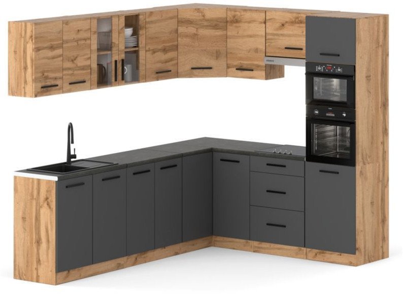 Kuchnia Modułowa Narożna Z Blatem Pojemna Marra 4.6m Wotan Dąb Wotan Szara