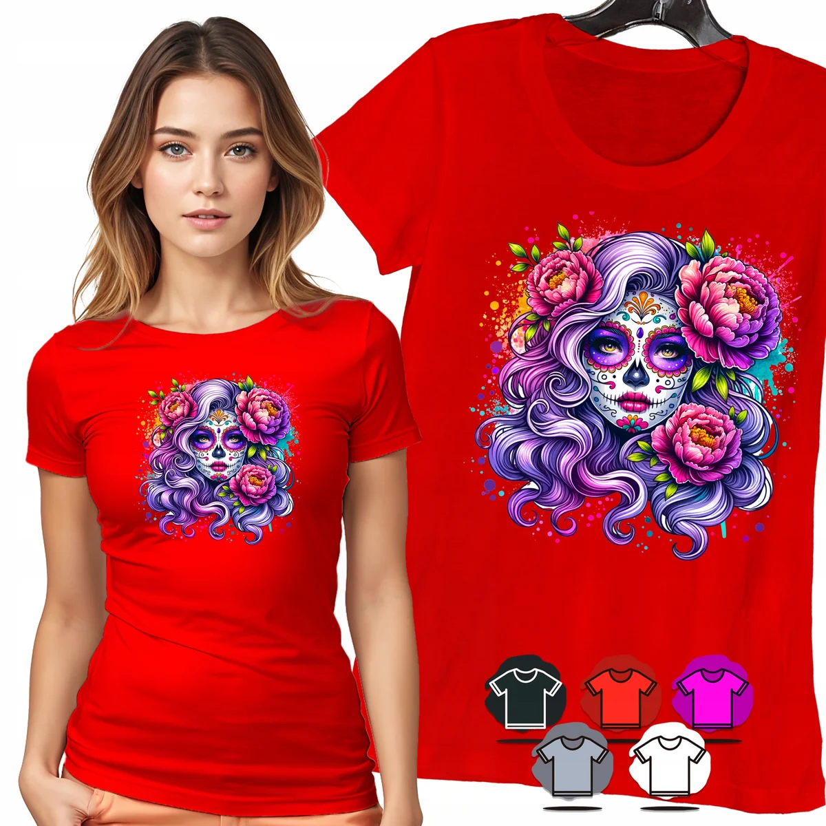 KOSZULKA DAMSKA T-SHIRT - SANTA MUERTE FIOLETOWE WŁOSY KWIATY WZÓR - XXL