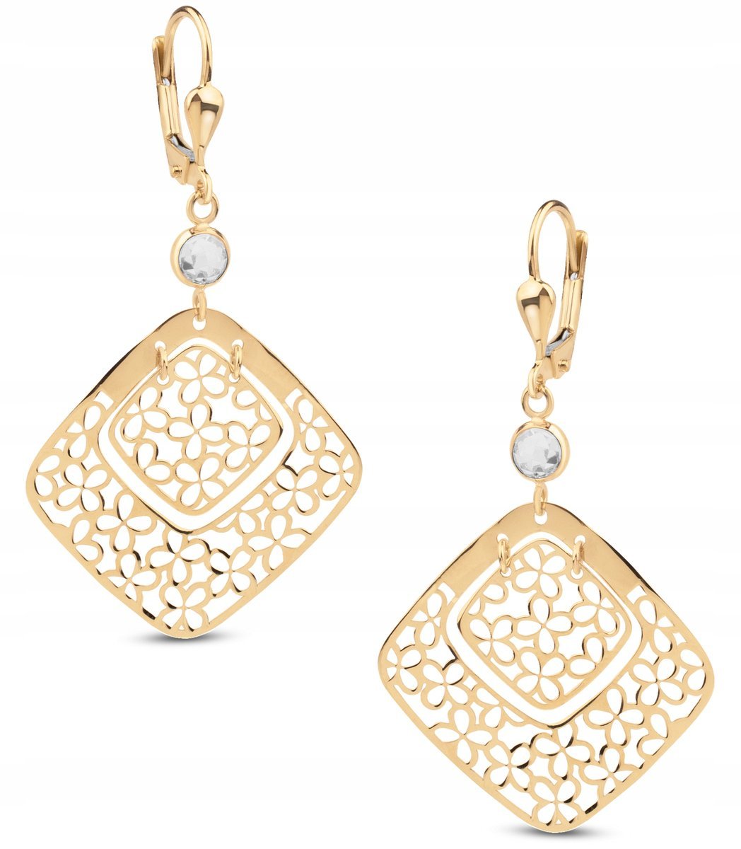 PIĘKNE ZŁOTE KOLCZYKI AŻUROWE Z KWIATAMI I BIAŁYMI CYRKONIAMI 14KT 585