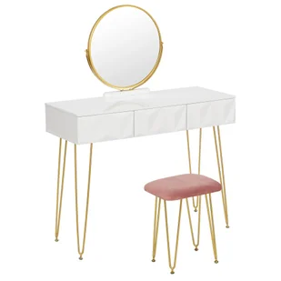 Bukkitbow - elegancki zestaw toaletowy z metalową ramą - drewno MDF ze szkłem - w tym obrotowe lustro i stołek - 100x40x79 cm - biały - Lustra - miniaturka - grafika 1