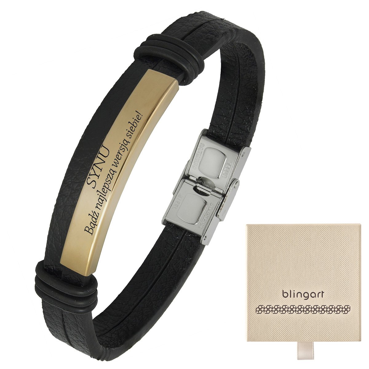 Bransoletka z grawerem skórzana męska pozłacana