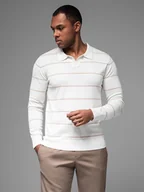 Swetry męskie - Męski longsleeve polo w poziome paski z wiskozą biało-beżowy V4 OM-POLS-0146 - Ombre Clothing - miniaturka - grafika 1