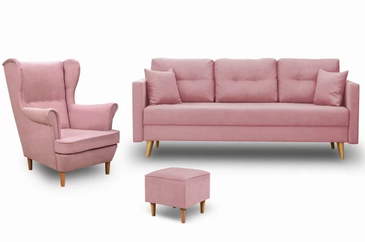 Zestaw Wypoczynkowy Skandynawski Sofa + Fotel z Podnóżkiem