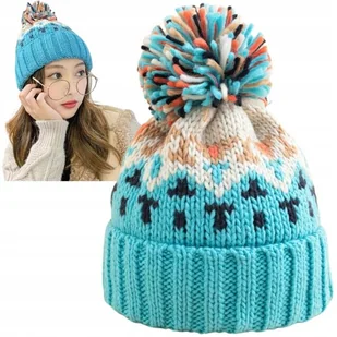Czapka Zimowa Damska Z Pomponem Beanie Ocieplana Na Zimę Niebieska - Czapki damskie - miniaturka - grafika 1