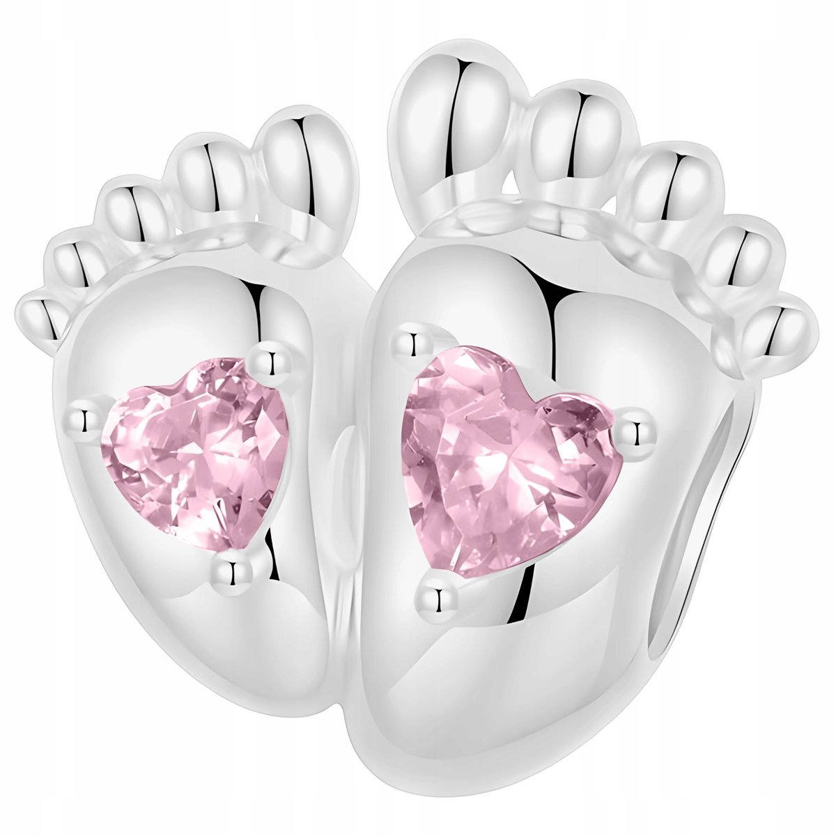 Charms Srebrny Stópki Dziecka Różowe Serca Stopy Cyrkonie SREBRO 925