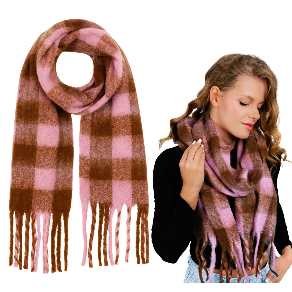 Szalik Zimowy Brązowy Duży Puszysty z Frędzlami Przyjemny Ciepły i Wygodny