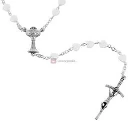 Różaniec biała KREDA (serduszka) IHS, Komunia 6mm - Różańce - miniaturka - grafika 1