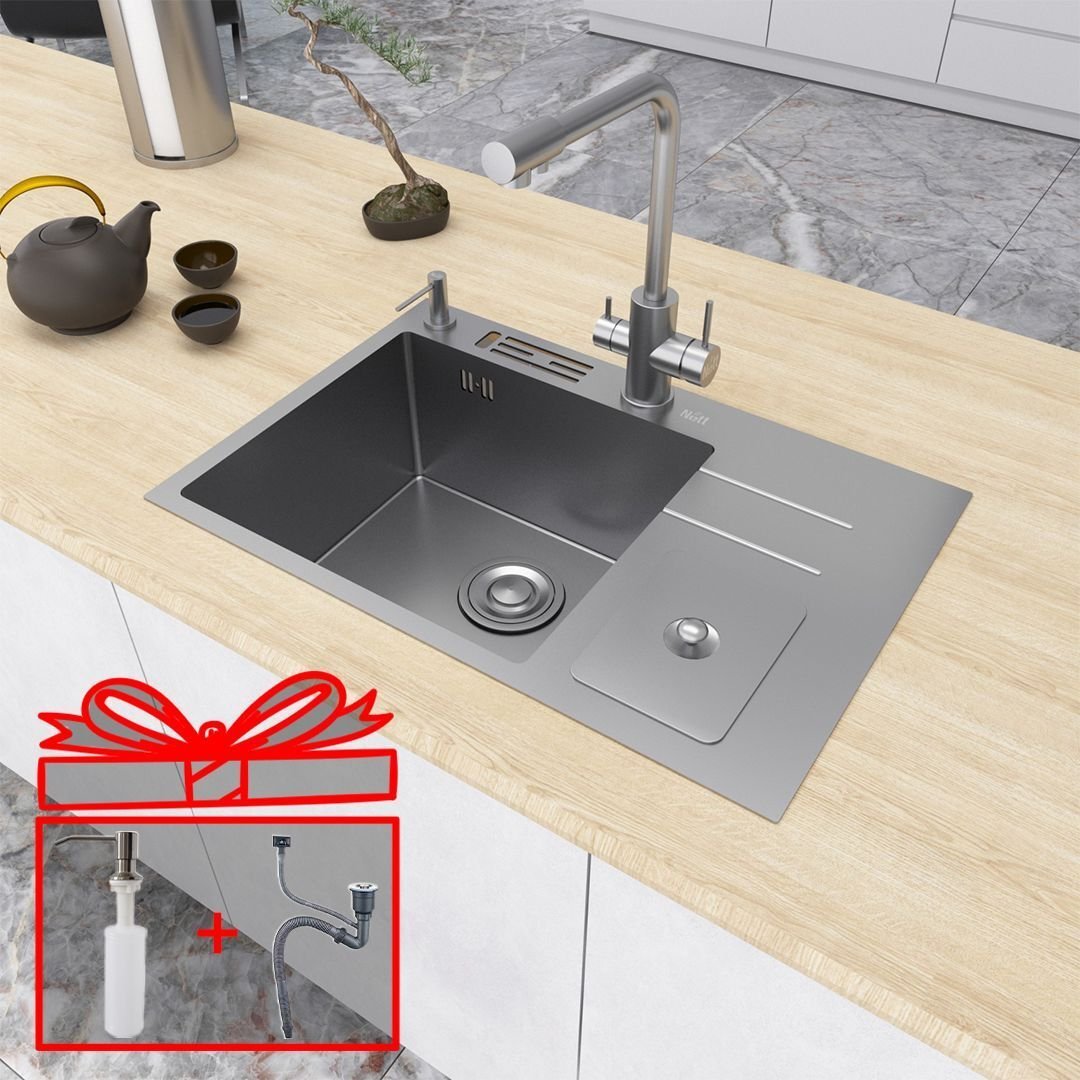 Nett Zlewozmywak nablatowy kuchenny stalowy z ociekaczem Inox 70 cm NSM-7047 42420