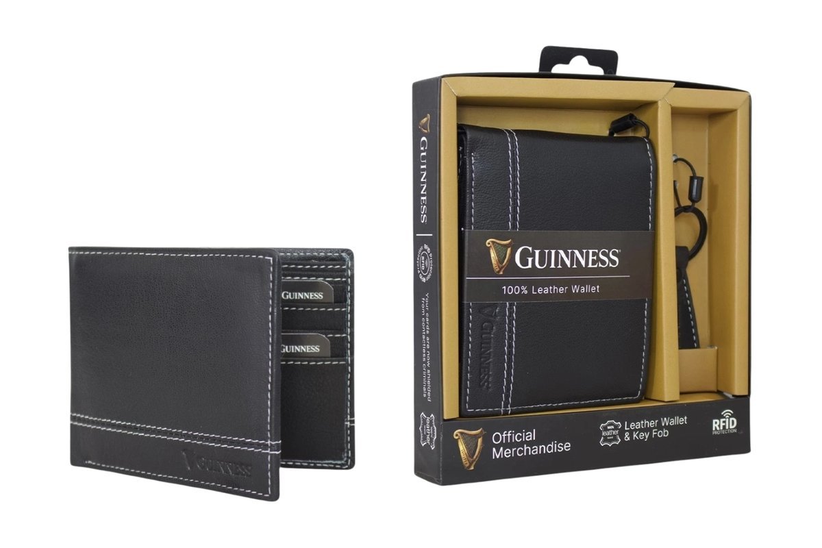 PORTFEL MĘSKI + BRELOK GUINNESS 100% SKÓRA KOZIA, SKÓRZANY , OCHRONA RFID CZARNY