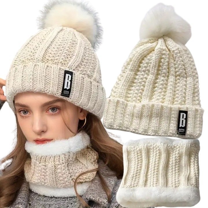 Czapka I Komin Zestaw Damska Zimowa Ciepła Ocieplana Z Pomponem Kremowy
