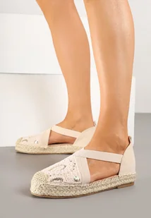 Beżowe Espadryle Boho z Haftem Elastycznymi Paskami i Plecionką Iloriva - Espadryle damskie - miniaturka - grafika 1