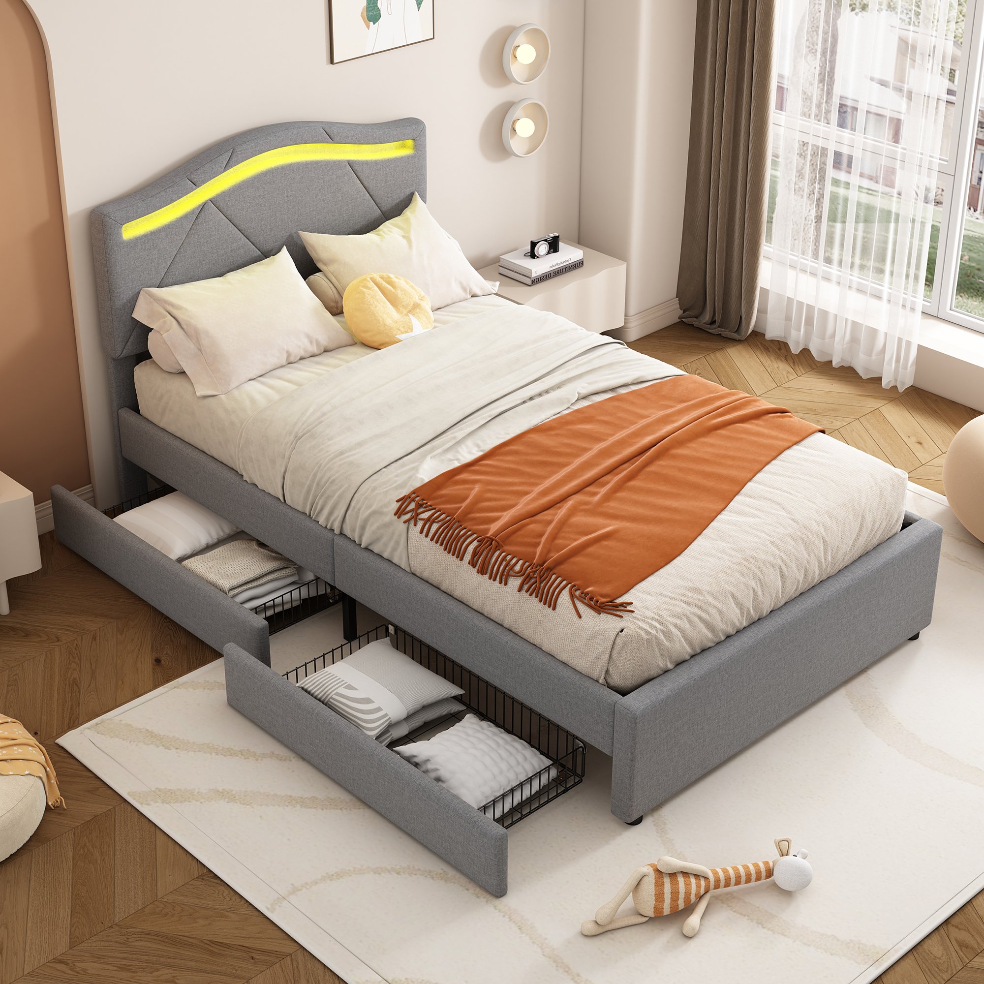 Łóżko tapicerowane Flieks 90x200cm z 2 szufladami, łóżko młodzieżowe łóżko dziecięce z LED, łóżko do przechowywania łóżko podwójne ze stelażem listwowym, łóżko drewniane łóżko klasyczne, pościel